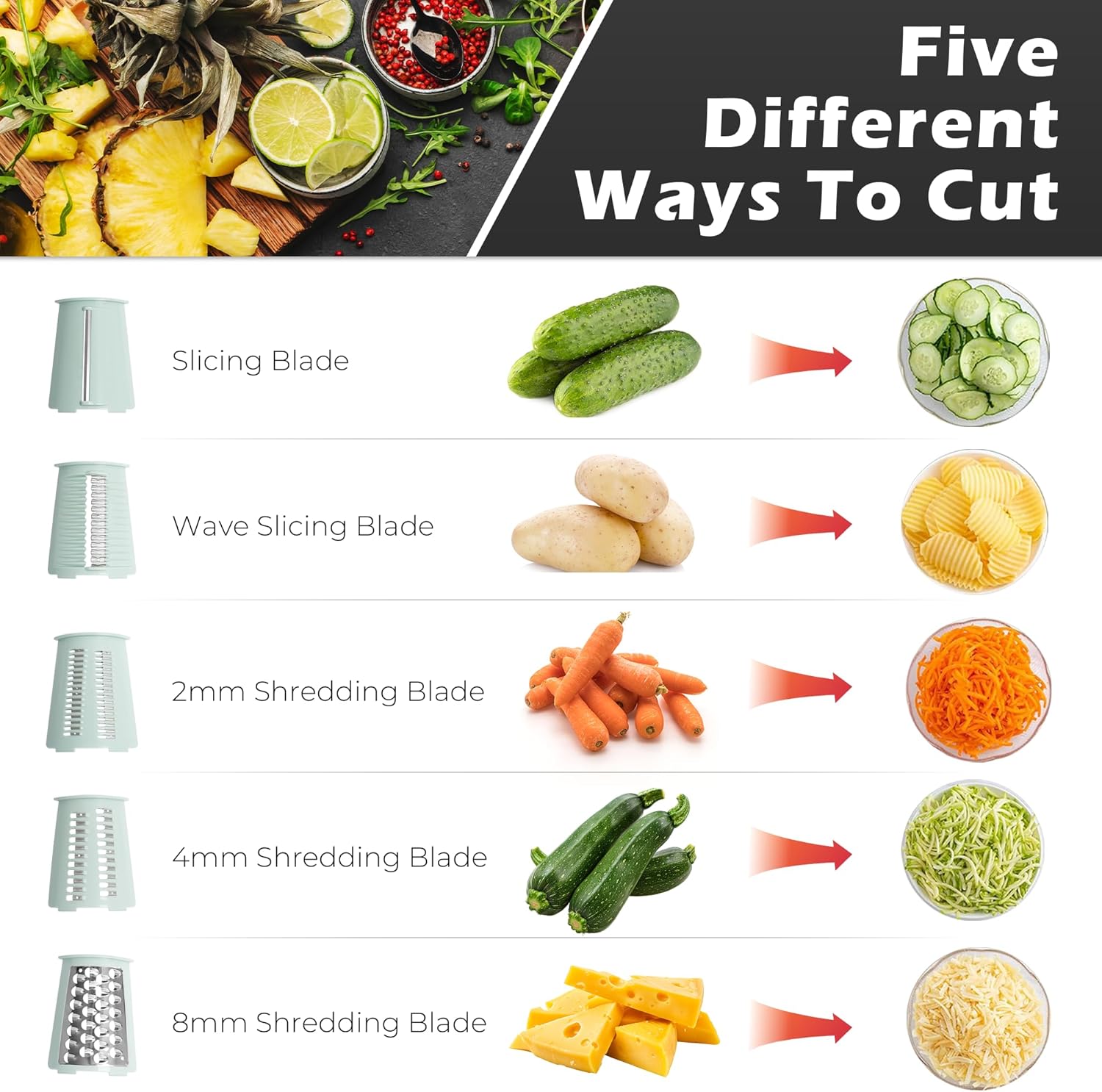 Rotary Cheese Grater Hand Crank with 5-in-1 Interchangeable Blades & Strong Suction Base Vegetables Shredder Manual Slicer for Kitchen, Green